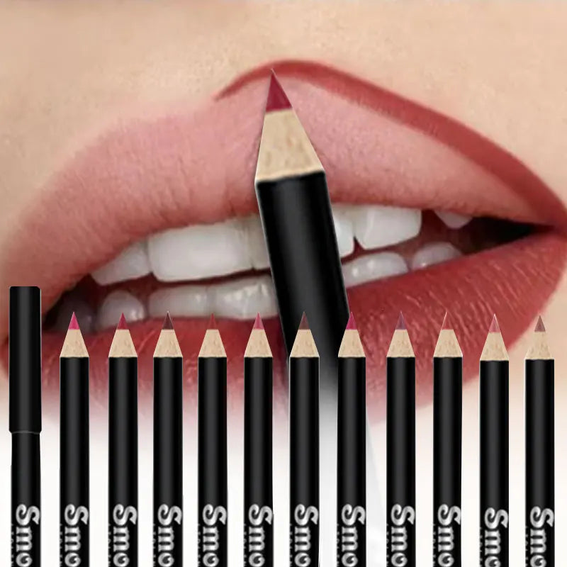 12 Colors Lip Liner Pen Set Fashion Black Rod Waterproof Non-stick Cup Easy To Color Lipstick Pen Makeu