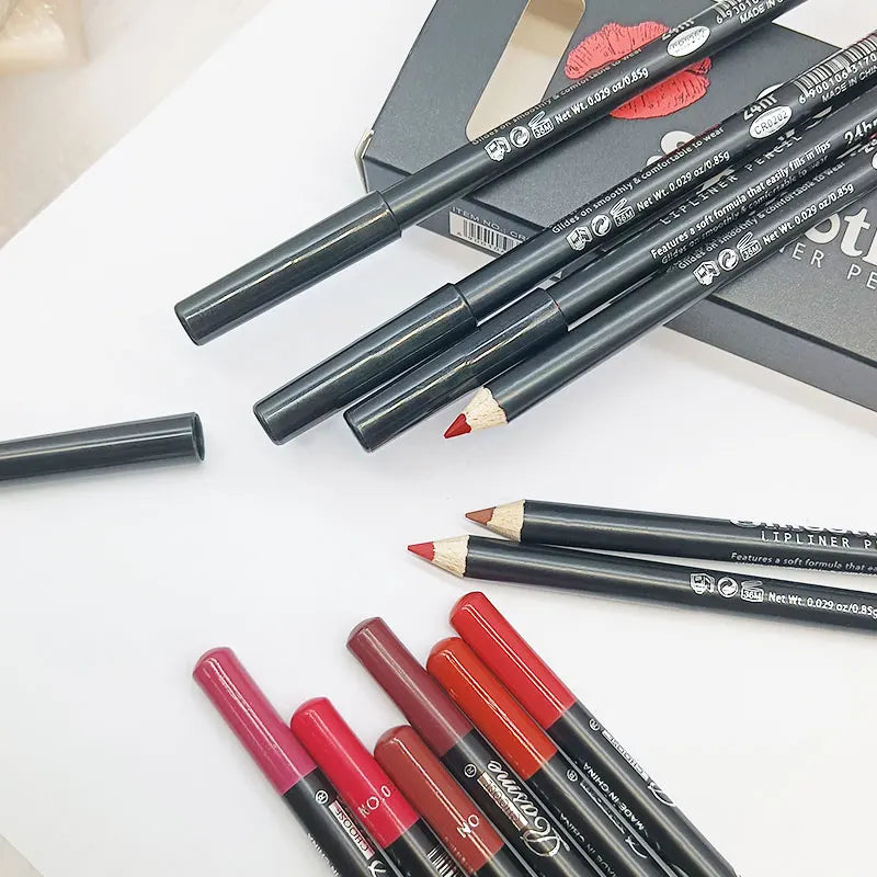 12 Colors Lip Liner Pen Set Fashion Black Rod Waterproof Non-stick Cup Easy To Color Lipstick Pen Makeu