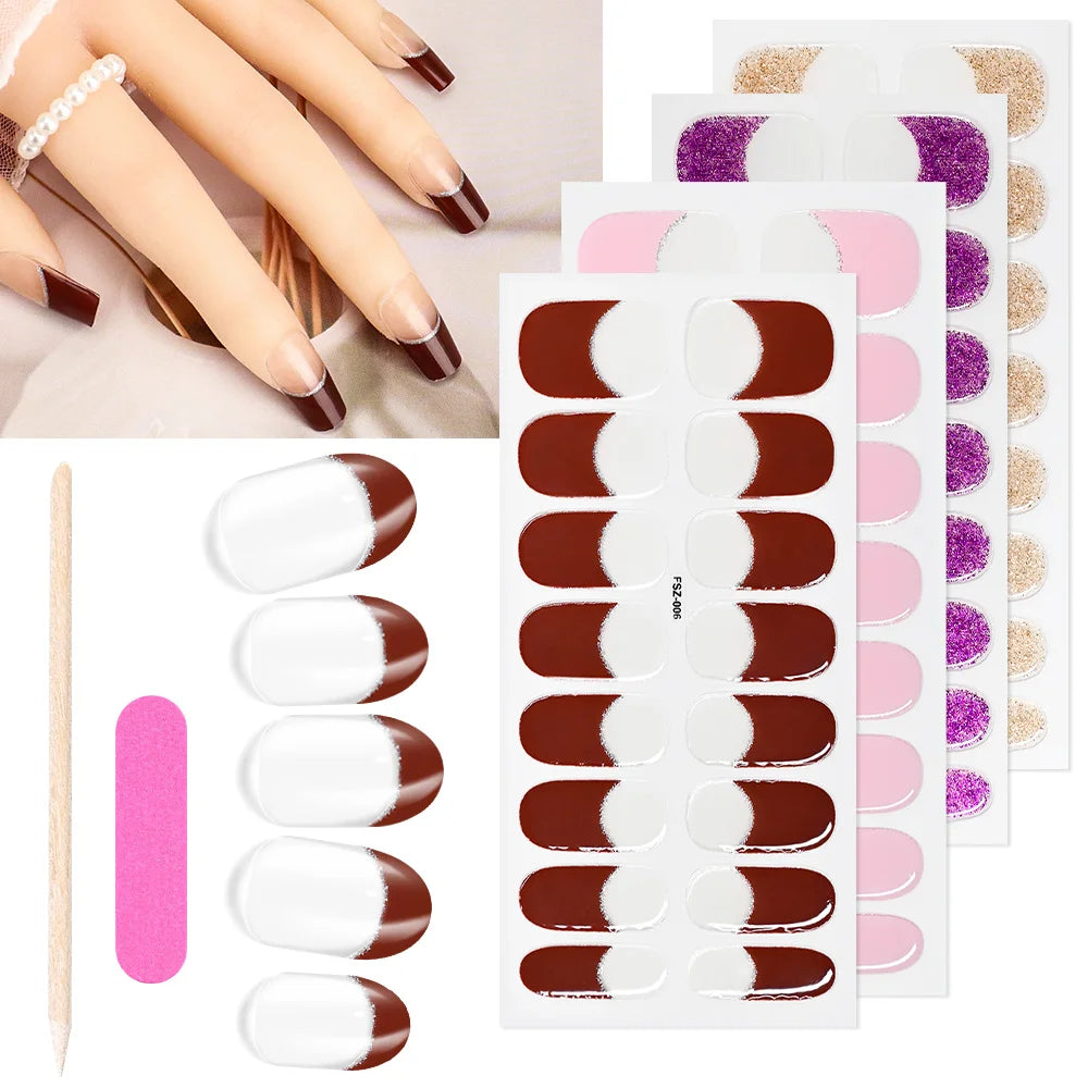 16Tips/Sheet French UV Semi-Cured Gel Nail Wraps Long Lasting Full Cover White Tip Sticker Waterproof LED Lamp Gel Nails Decals