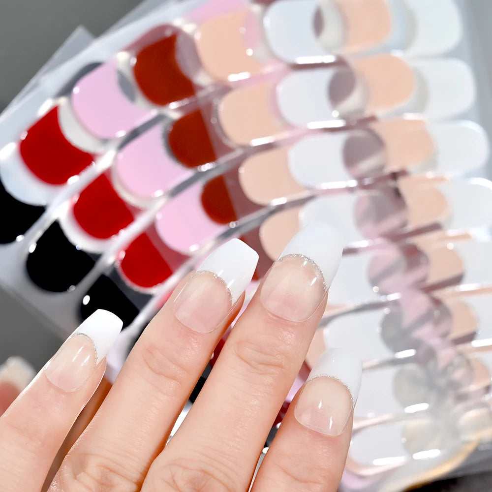 16Tips/Sheet French UV Semi-Cured Gel Nail Wraps Long Lasting Full Cover White Tip Sticker Waterproof LED Lamp Gel Nails Decals