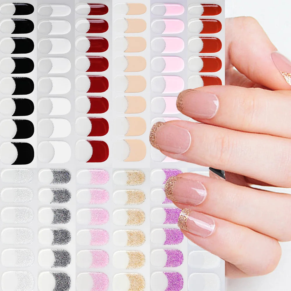 16Tips/Sheet French UV Semi-Cured Gel Nail Wraps Long Lasting Full Cover White Tip Sticker Waterproof LED Lamp Gel Nails Decals