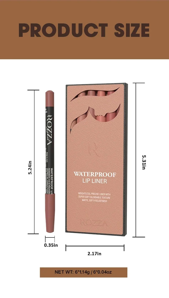 6pcs/Set Rozza Velvet Matte Lip Liner,Long-Lasting Waterproof Finish,Non-Fading,Brown,Pink,Purple Shades,Perfect for All Skins