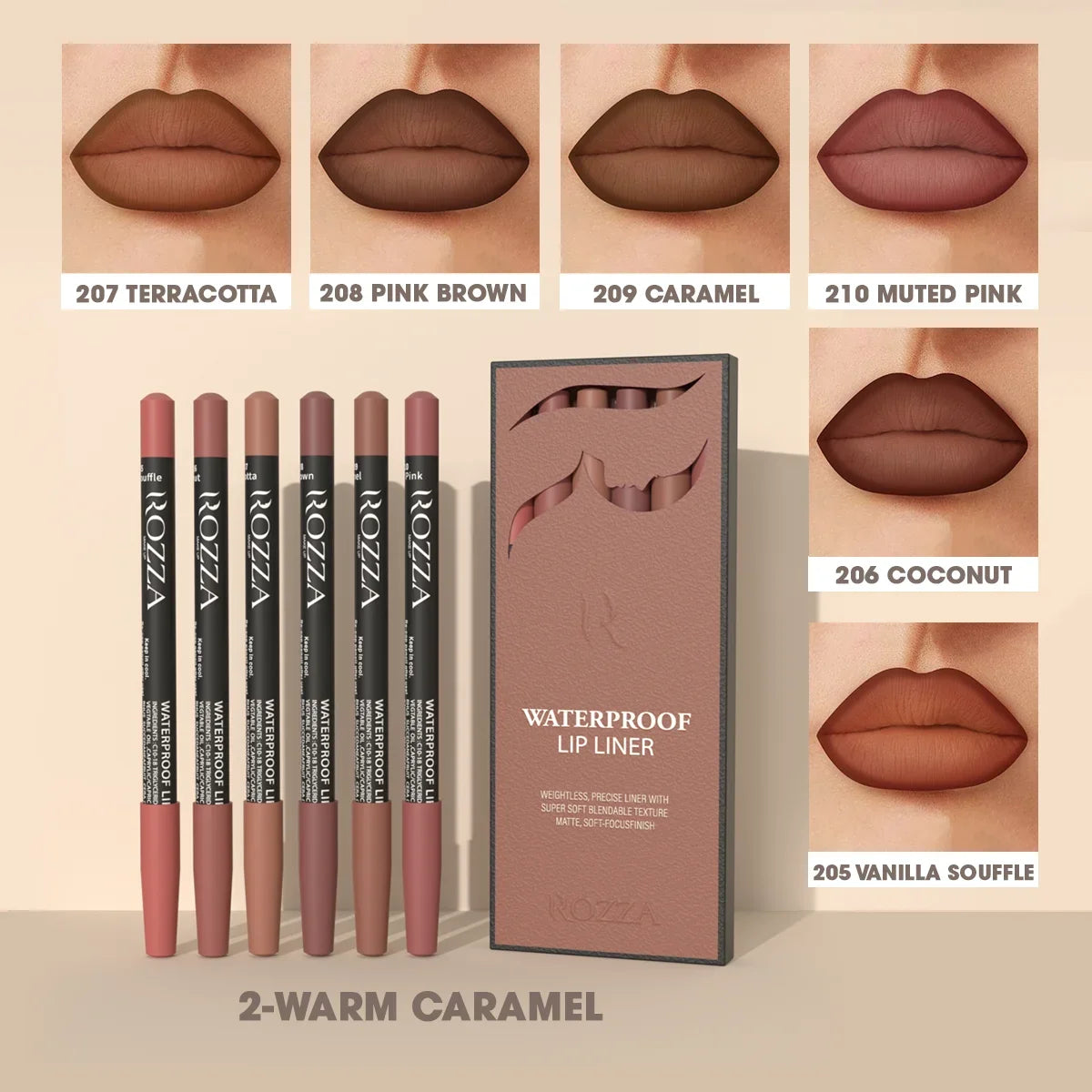 6pcs/Set Rozza Velvet Matte Lip Liner,Long-Lasting Waterproof Finish,Non-Fading,Brown,Pink,Purple Shades,Perfect for All Skins
