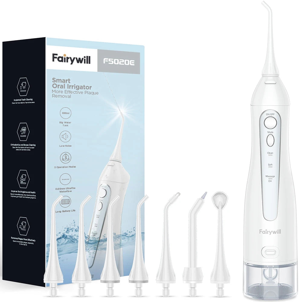 Fairywill Water Flossers for Teeth 300ML Oral Irrigator Rechargeable Portable Dental 3 Modes Water Tank Waterproof Teeth Cleaner