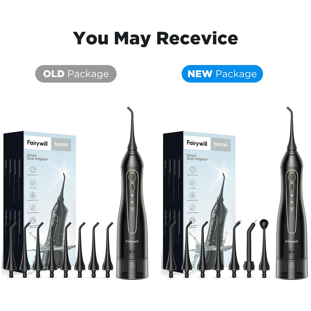 Fairywill Water Flossers for Teeth 300ML Oral Irrigator Rechargeable Portable Dental 3 Modes Water Tank Waterproof Teeth Cleaner