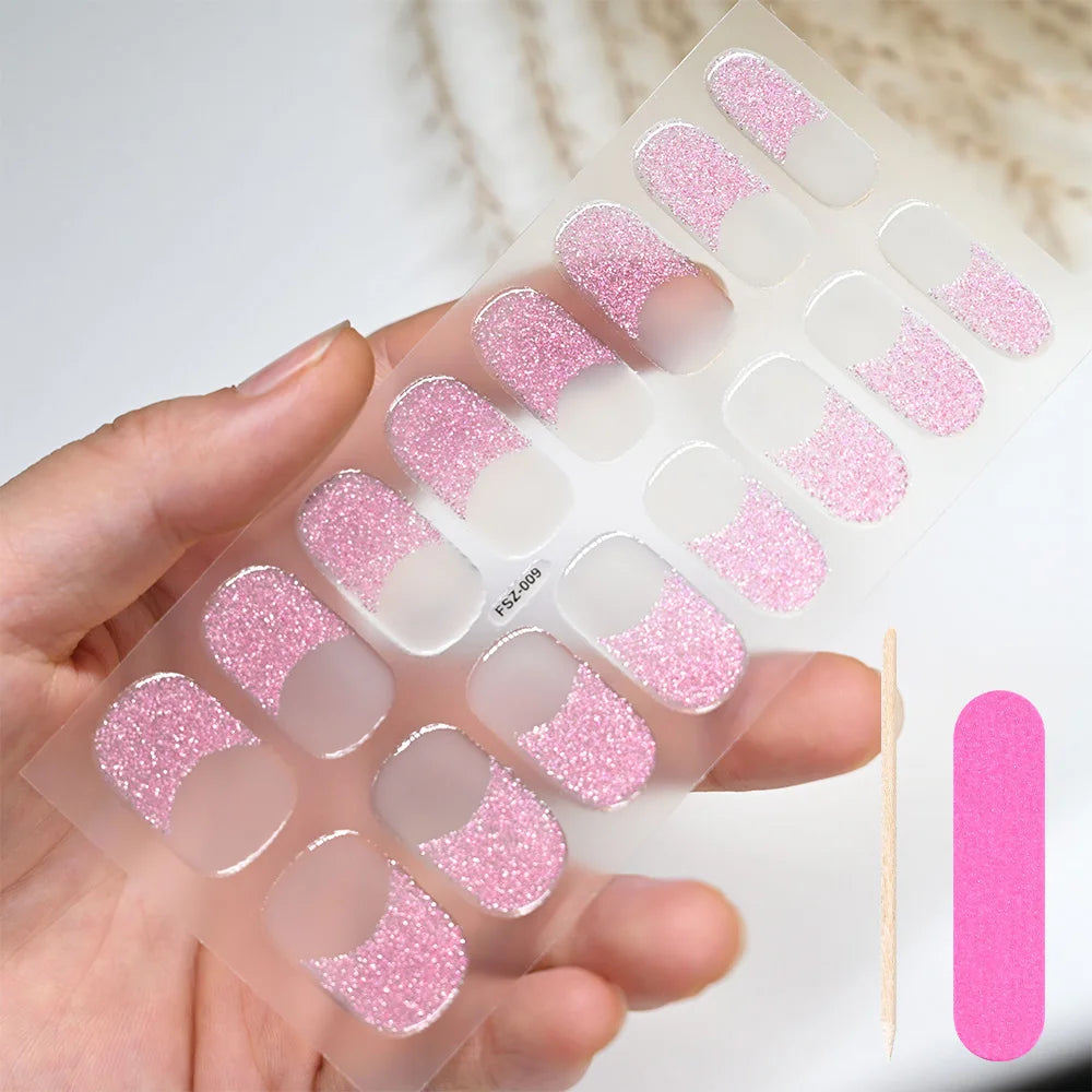 16Tips/Sheet French UV Semi-Cured Gel Nail Wraps Long Lasting Full Cover White Tip Sticker Waterproof LED Lamp Gel Nails Decals
