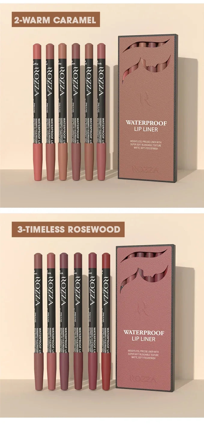 6pcs/Set Rozza Velvet Matte Lip Liner,Long-Lasting Waterproof Finish,Non-Fading,Brown,Pink,Purple Shades,Perfect for All Skins