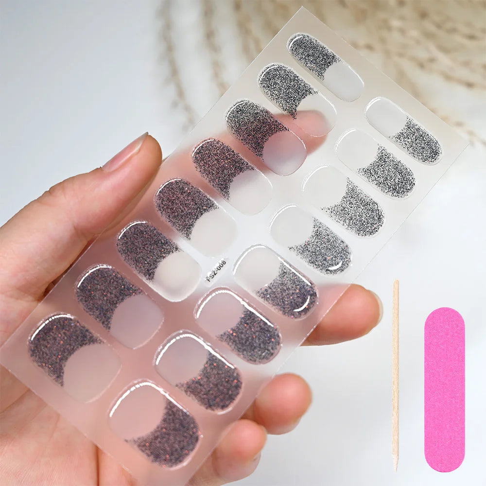 16Tips/Sheet French UV Semi-Cured Gel Nail Wraps Long Lasting Full Cover White Tip Sticker Waterproof LED Lamp Gel Nails Decals