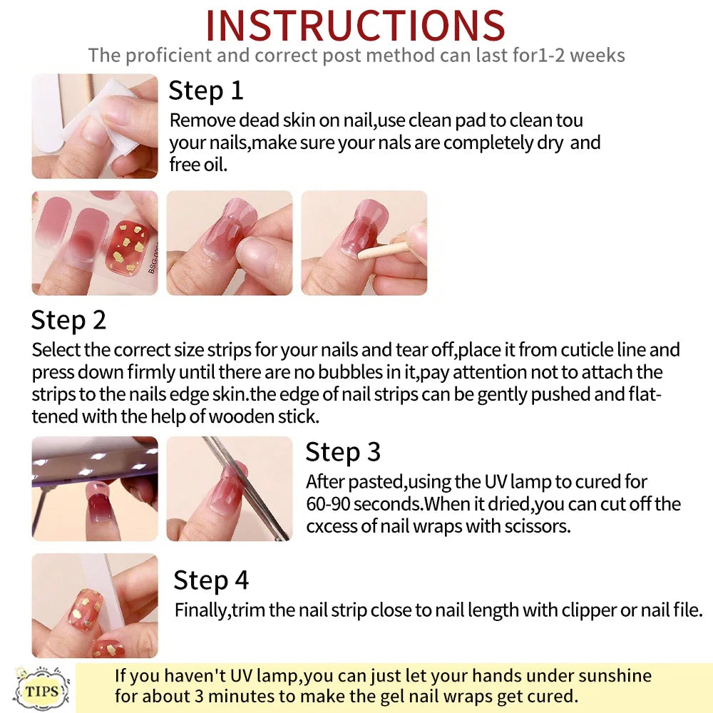 16Tips/Sheet French UV Semi-Cured Gel Nail Wraps Long Lasting Full Cover White Tip Sticker Waterproof LED Lamp Gel Nails Decals