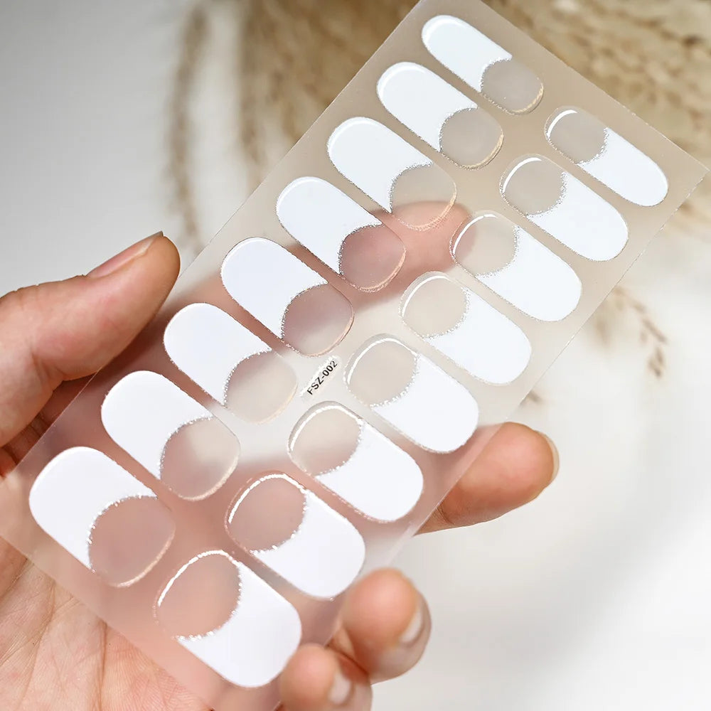 16Tips/Sheet French UV Semi-Cured Gel Nail Wraps Long Lasting Full Cover White Tip Sticker Waterproof LED Lamp Gel Nails Decals