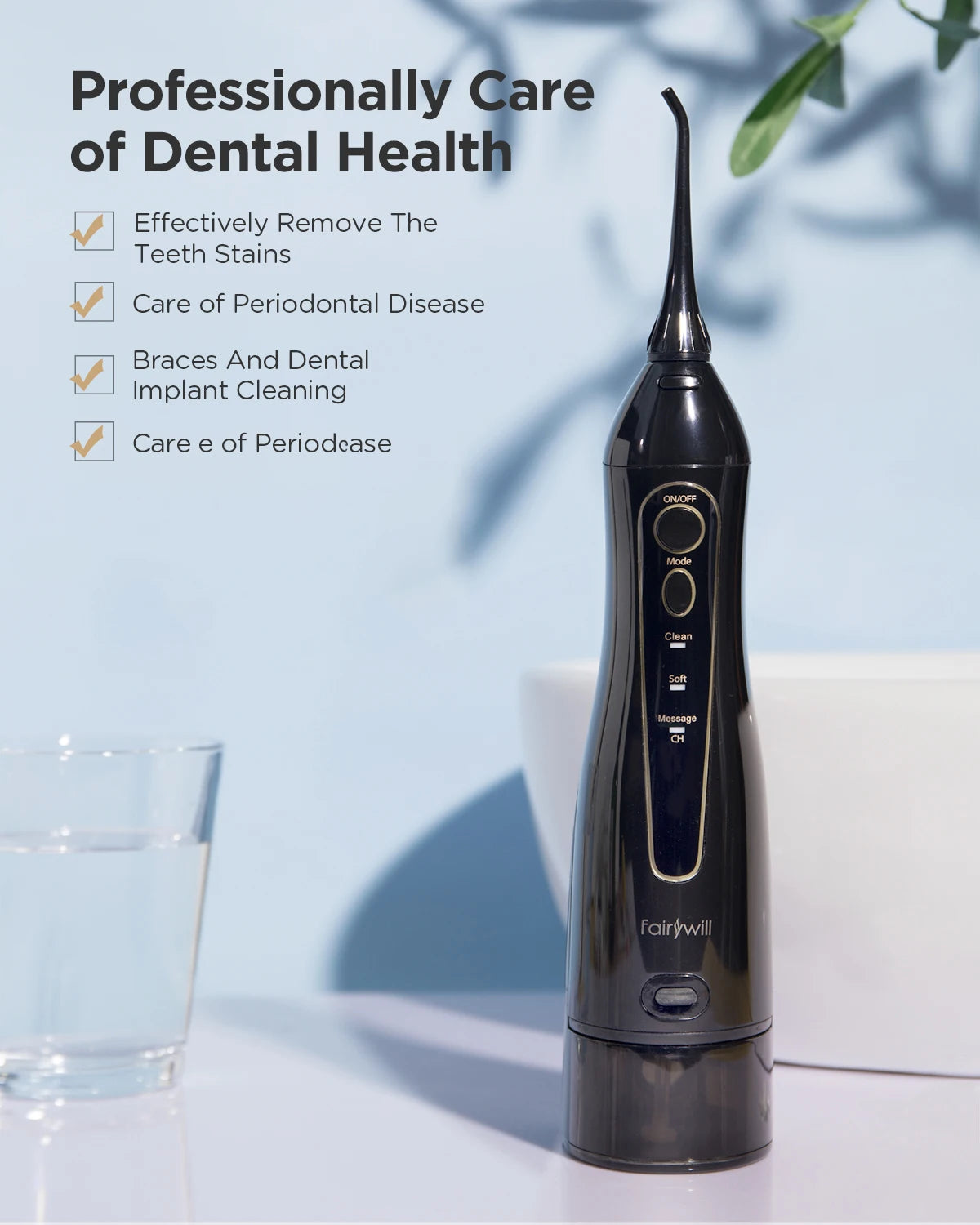 Fairywill Water Flossers for Teeth 300ML Oral Irrigator Rechargeable Portable Dental 3 Modes Water Tank Waterproof Teeth Cleaner