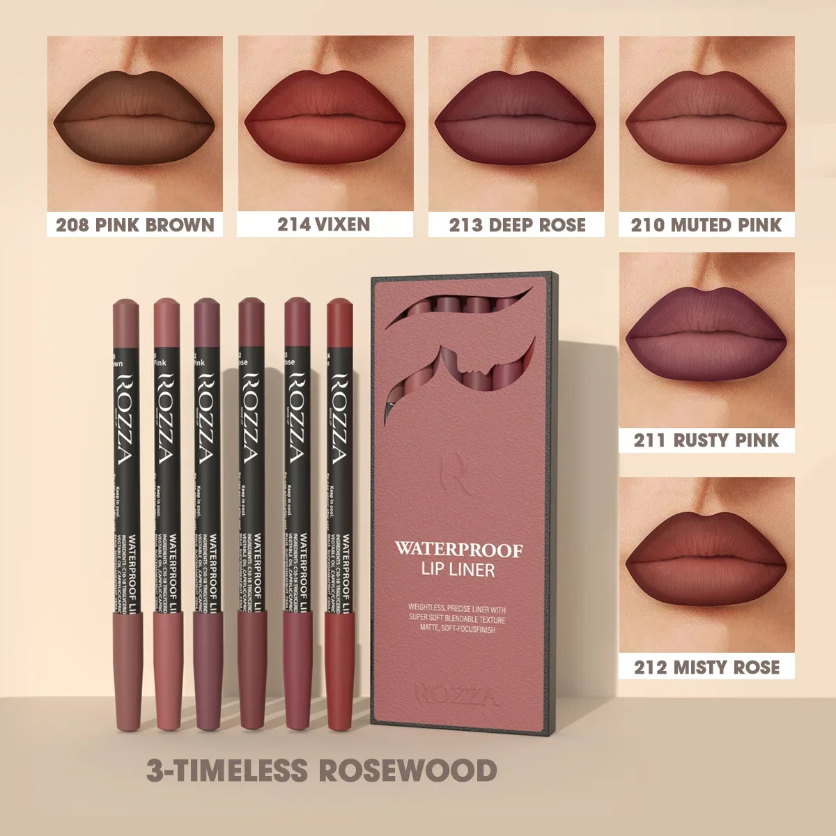 6pcs/Set Rozza Velvet Matte Lip Liner,Long-Lasting Waterproof Finish,Non-Fading,Brown,Pink,Purple Shades,Perfect for All Skins