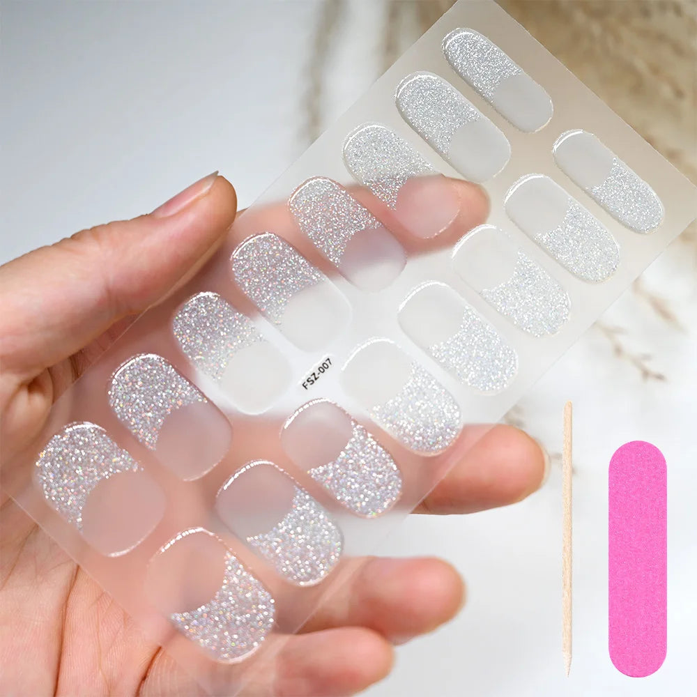 16Tips/Sheet French UV Semi-Cured Gel Nail Wraps Long Lasting Full Cover White Tip Sticker Waterproof LED Lamp Gel Nails Decals