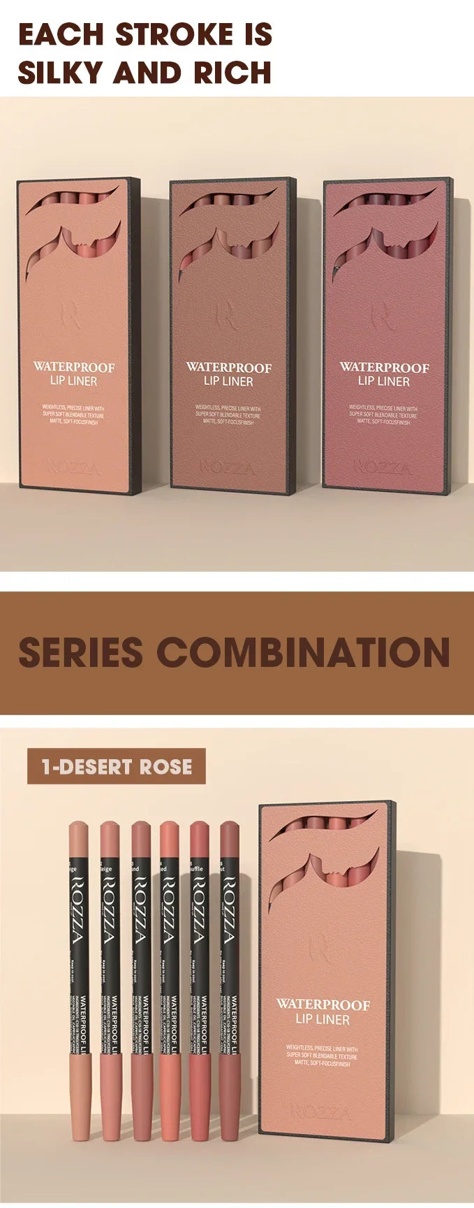 6pcs/Set Rozza Velvet Matte Lip Liner,Long-Lasting Waterproof Finish,Non-Fading,Brown,Pink,Purple Shades,Perfect for All Skins