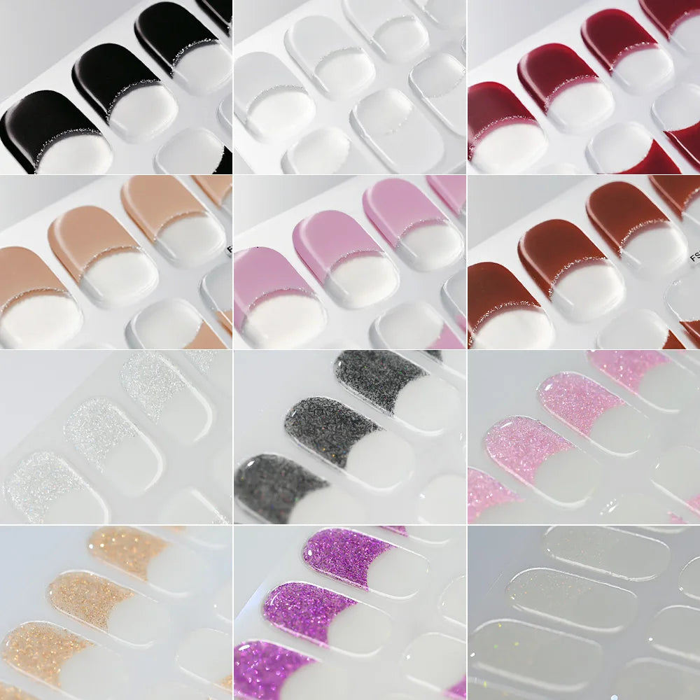 16Tips/Sheet French UV Semi-Cured Gel Nail Wraps Long Lasting Full Cover White Tip Sticker Waterproof LED Lamp Gel Nails Decals