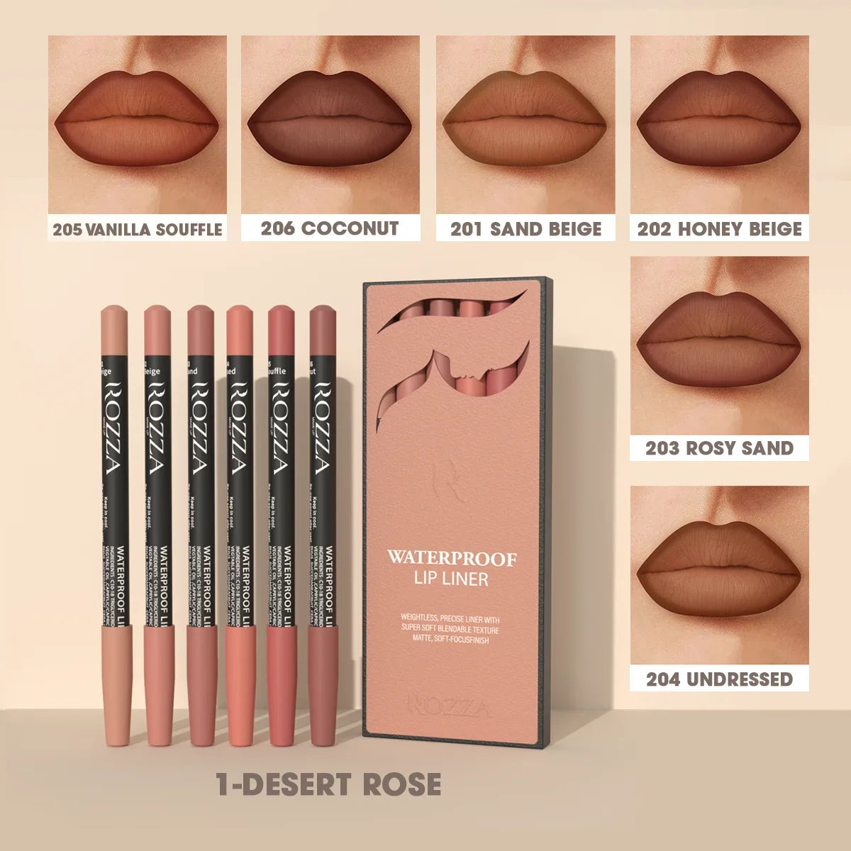 6pcs/Set Rozza Velvet Matte Lip Liner,Long-Lasting Waterproof Finish,Non-Fading,Brown,Pink,Purple Shades,Perfect for All Skins