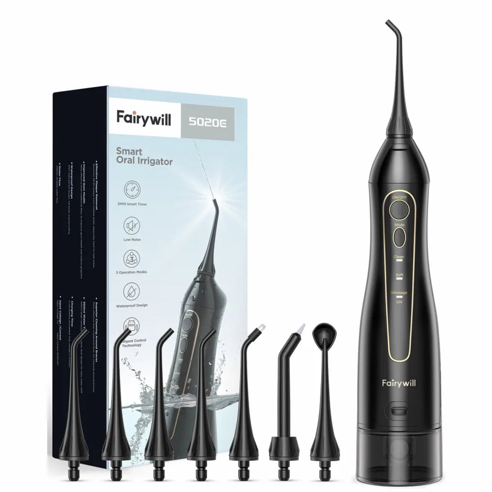 Fairywill Water Flossers for Teeth 300ML Oral Irrigator Rechargeable Portable Dental 3 Modes Water Tank Waterproof Teeth Cleaner