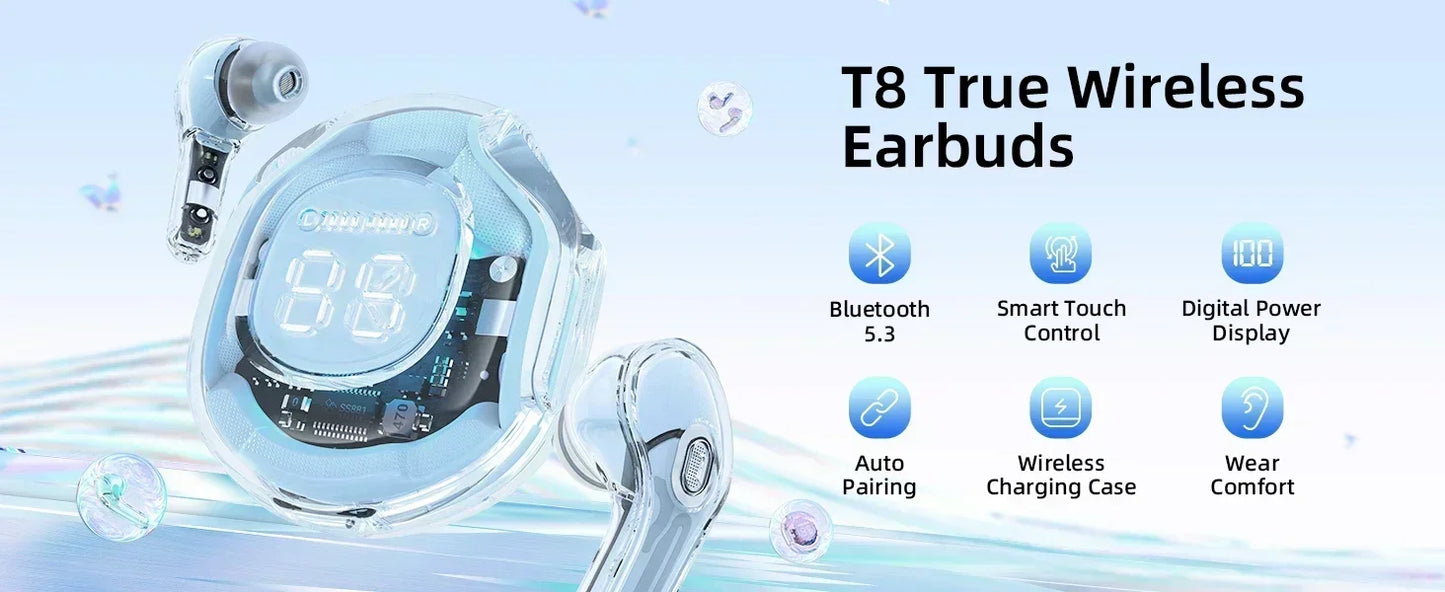 TWS T8 Wireless Earphones Fone Bluetooth Earbuds Transparent Digital Display Mecha Style for Acefast Sport Headphones for Lenovo