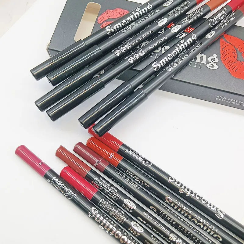 12 Colors Lip Liner Pen Set Fashion Black Rod Waterproof Non-stick Cup Easy To Color Lipstick Pen Makeu