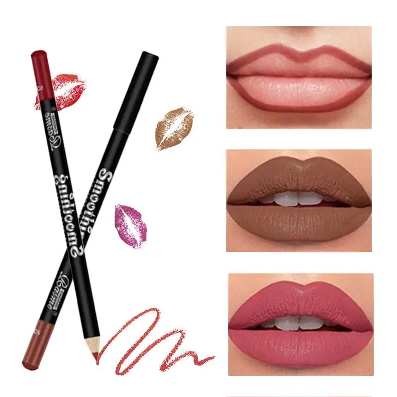 12 Colors Lip Liner Pen Set Fashion Black Rod Waterproof Non-stick Cup Easy To Color Lipstick Pen Makeu