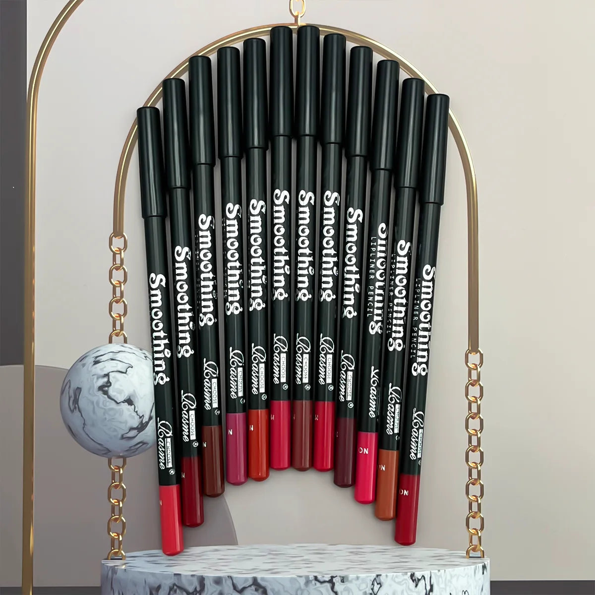 12 Colors Lip Liner Pen Set Fashion Black Rod Waterproof Non-stick Cup Easy To Color Lipstick Pen Makeu