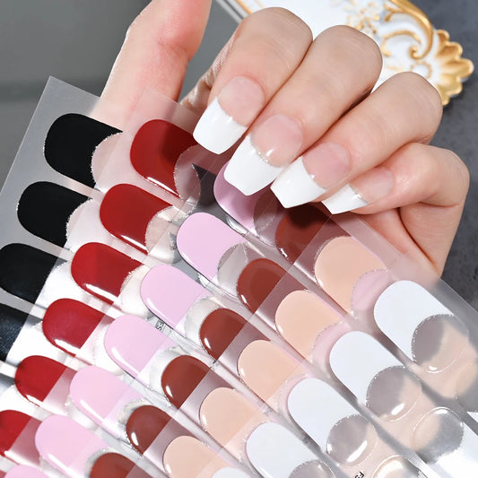 16Tips/Sheet French UV Semi-Cured Gel Nail Wraps Long Lasting Full Cover White Tip Sticker Waterproof LED Lamp Gel Nails Decals